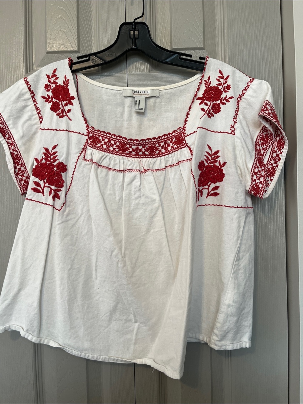 7/$20 Forever 21 White Blouse with Red Floral Embroidery